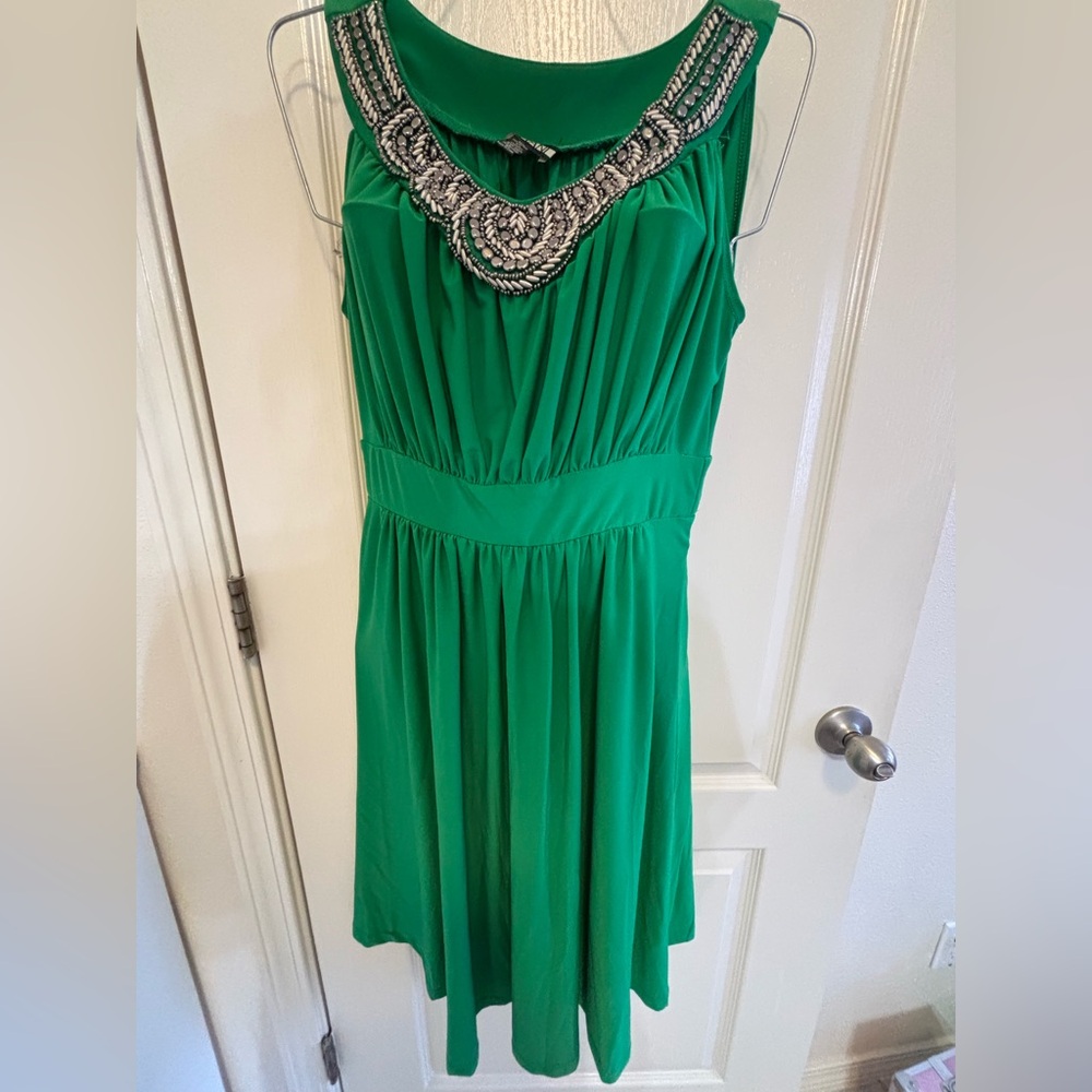 Green Sleeveless Dress with Embellished Neckline